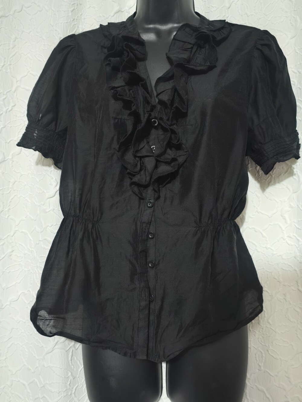 Marc New York Andrew Marc Black Ruffle V-Neck Semi Sheer Blouse Short Sleeve M